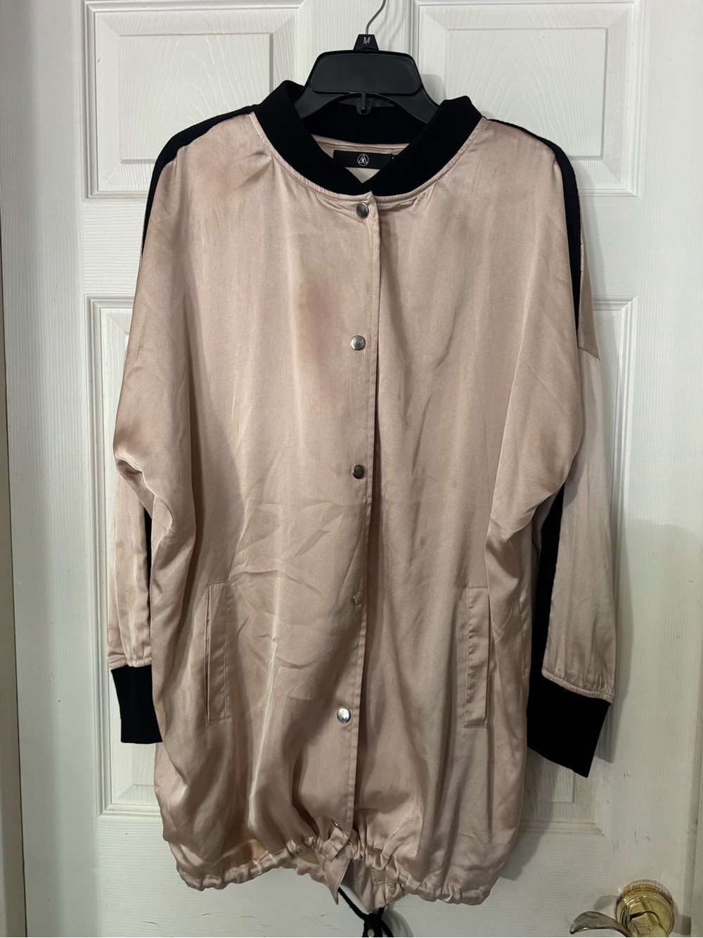 Women's Satin Bomber Jacket in Blush with Black Trim